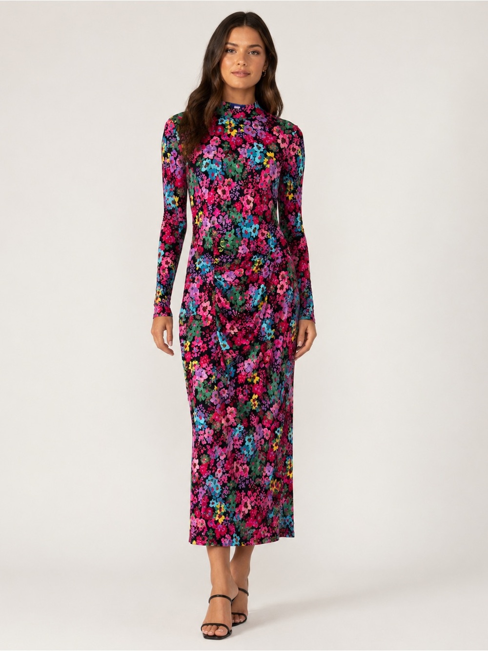 Long Sleeve High-Neck Floral Maxi Dress - Pink Multi